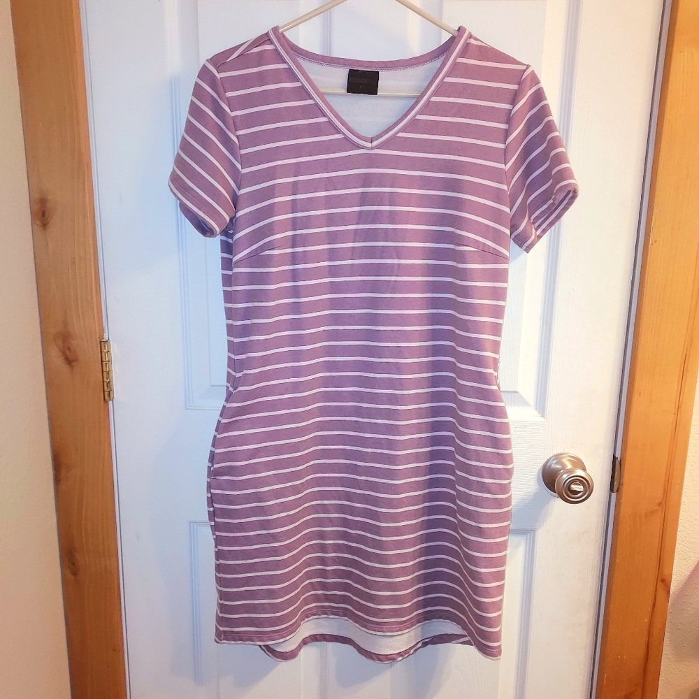 A purple, stripped T-shirt dress